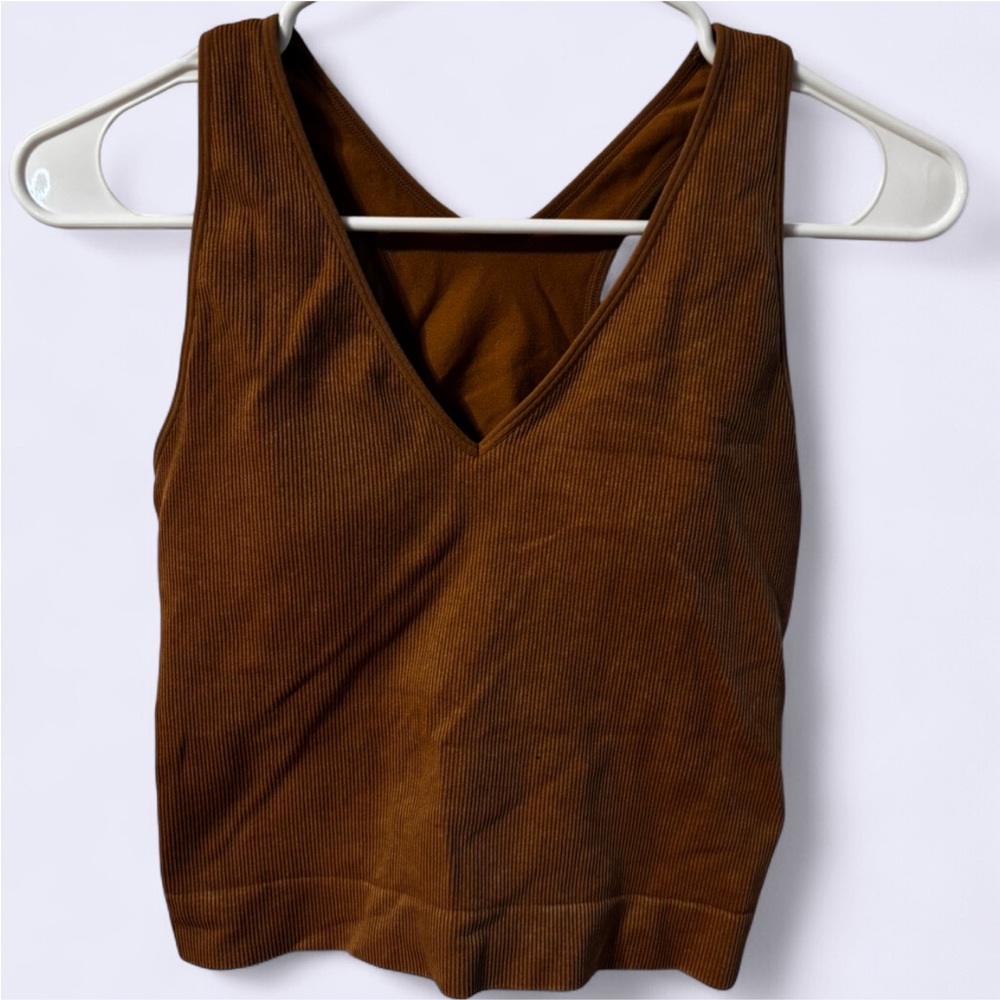 Brown V-Neck Ribbed Women's Top